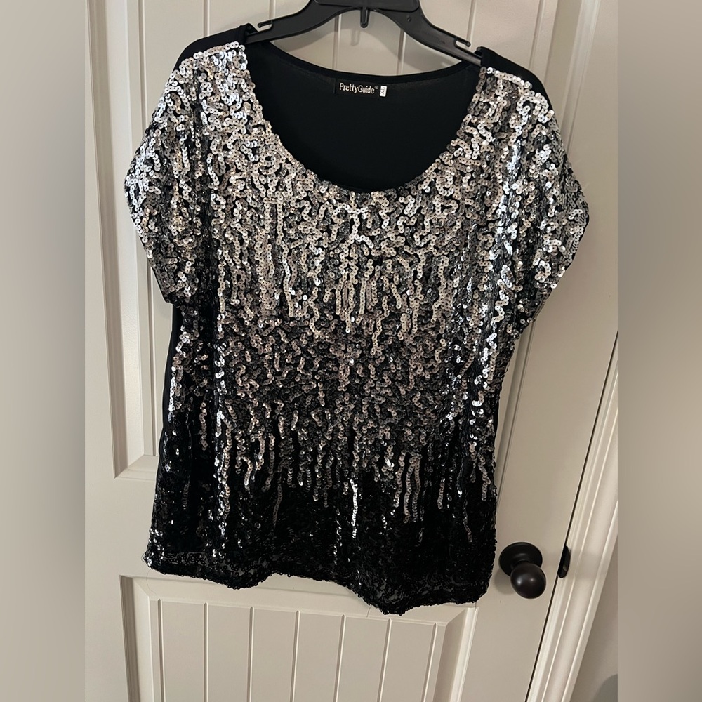 Women's Black and Silver Sequin Top by PrettyGuide size XL